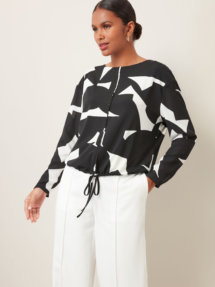 Black Geo Long Sleeve Draw Hem Blouse - Image 1 of 6
