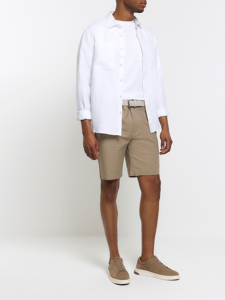 River Island Brown Slim fit Belted 100% Cotton Chinos Shorts - Image 1 of 4