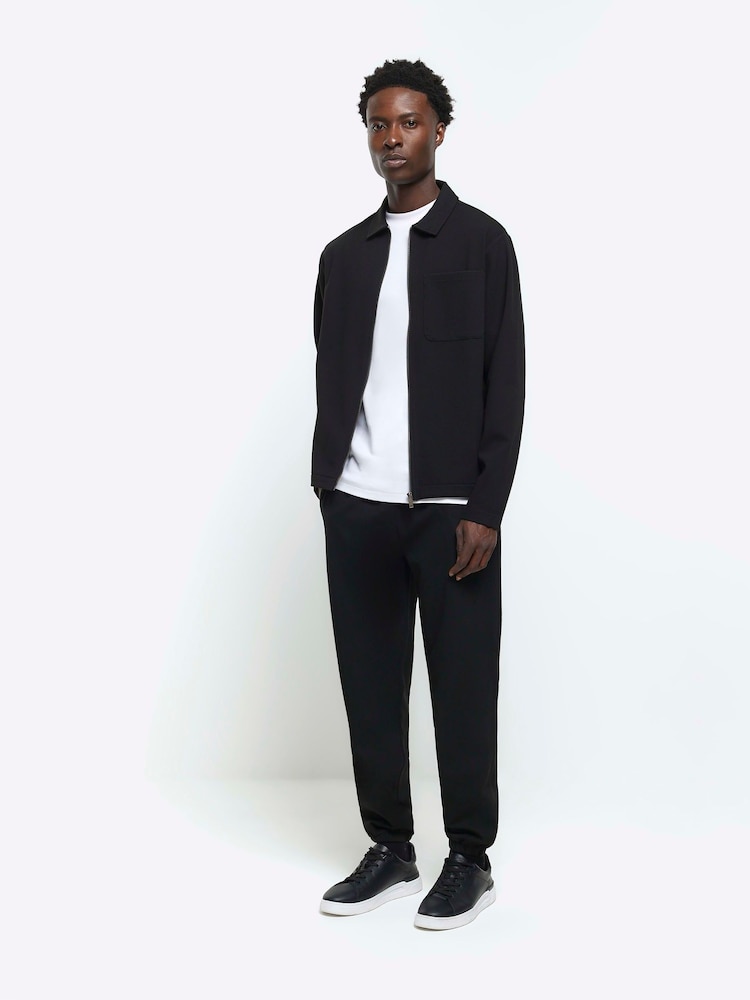 River Island Black 100% Cotton Smart Texture Elasticated Joggers - Image 1 of 5 River Island Black 100% Cotton Smart Texture Elasticated Joggers - Image 1 of 5
