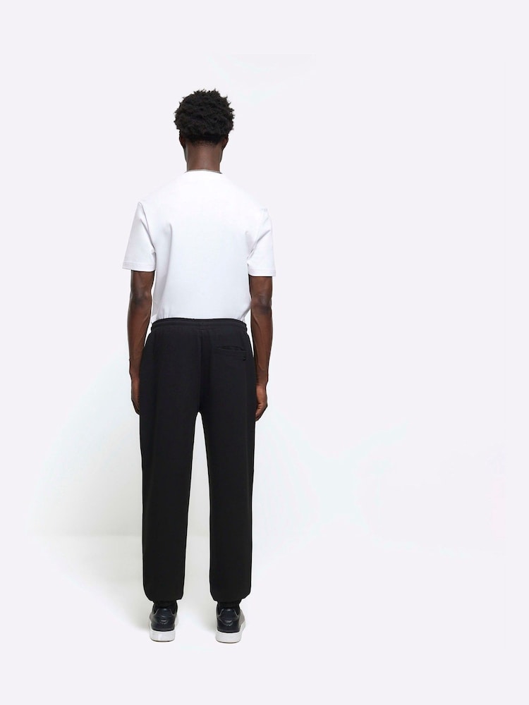 River Island Black 100% Cotton Smart Texture Elasticated Joggers - Image 2 of 5 River Island Black 100% Cotton Smart Texture Elasticated Joggers - Image 2 of 5