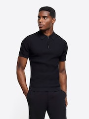 River Island Black Muscle Fit Brick Polo Shirt - Image 1 of 6