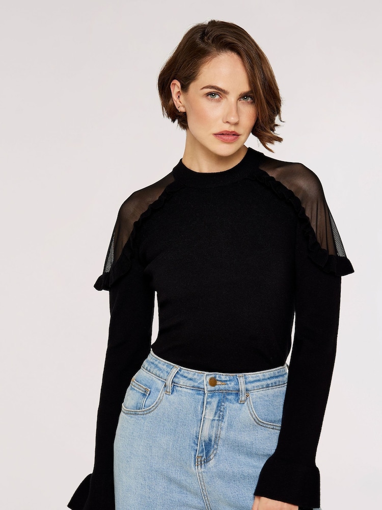Apricot Black Mesh & Ruffle Shoulder Jumpers - Image 1 of 4 Apricot Black Mesh & Ruffle Shoulder Jumpers - Image 1 of 4
