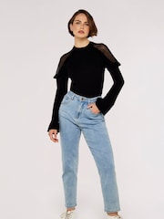 Apricot Black Mesh & Ruffle Shoulder Jumpers - Image 3 of 4