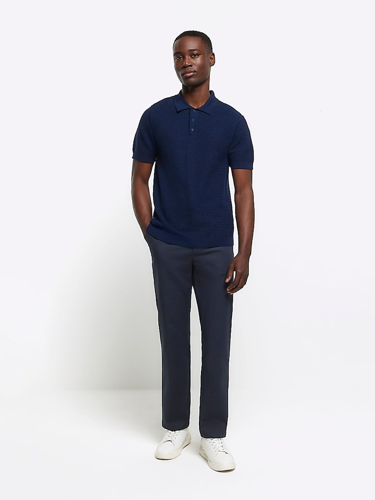 River Island Blue Textured Knitted Polo Shirt - Image 1 of 6