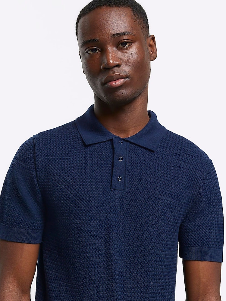 River Island Blue Textured Knitted Polo Shirt - Image 2 of 6