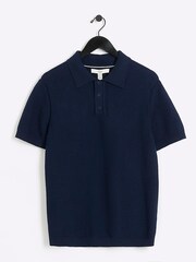 River Island Blue Textured Knitted Polo Shirt - Image 3 of 6