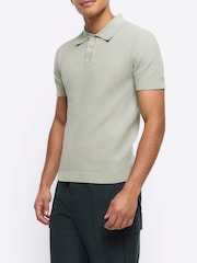 River Island Green Textured Knitted Slim Fit Polo Shirt - Image 1 of 5