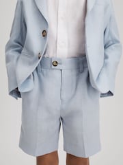 Reiss Soft Blue Kin 3-9 yrs Slim Fit Linen Adjustable Shorts - Image 1 of 4