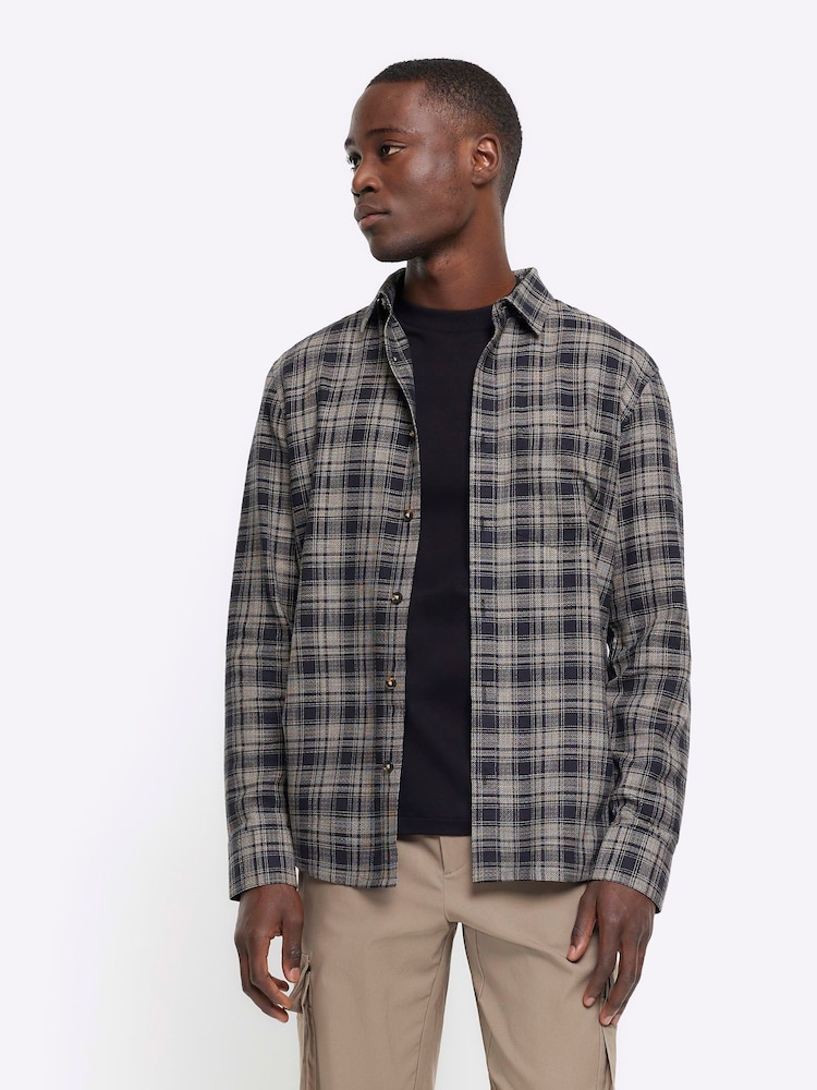 River Island Black Slub Dobby Check 100% Cotton Shirt - Image 1 of 3