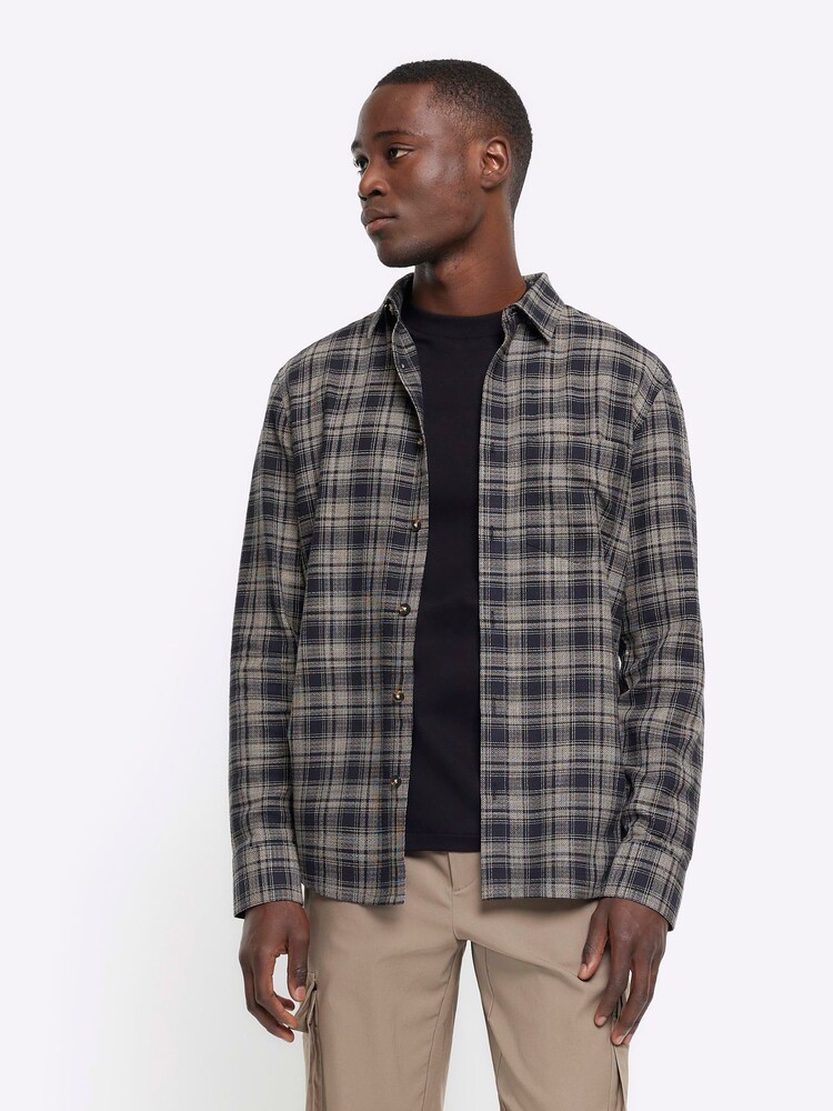 River Island Black Slub Dobby Check 100% Cotton Shirt - Image 1 of 3 River Island Black Slub Dobby Check 100% Cotton Shirt - Image 1 of 3