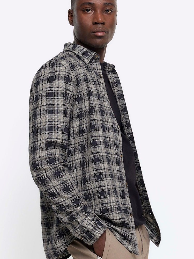 River Island Black Slub Dobby Check 100% Cotton Shirt - Image 3 of 3