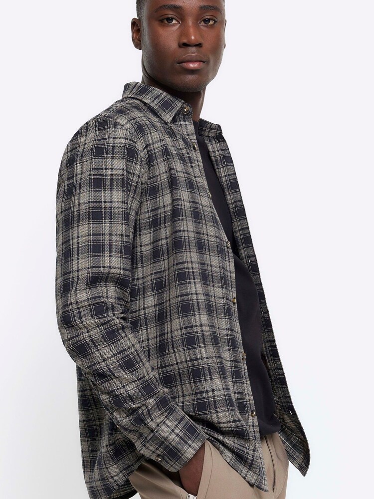 River Island Black Slub Dobby Check 100% Cotton Shirt - Image 3 of 3 River Island Black Slub Dobby Check 100% Cotton Shirt - Image 3 of 3
