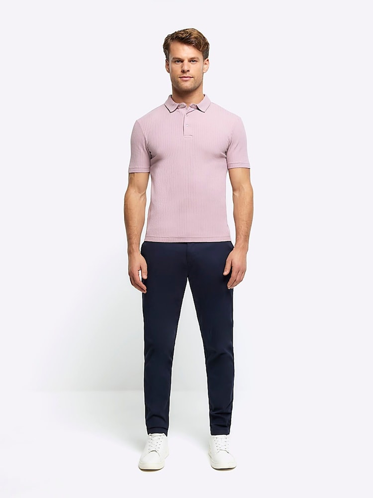 River Island Pink Muscle Fit Texture Ribbed Polo Shirt - Image 1 of 6
