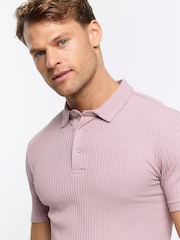 River Island Pink Muscle Fit Texture Ribbed Polo Shirt - Image 12 of 14