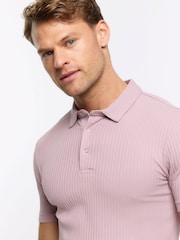 River Island Pink Muscle Fit Texture Ribbed Polo Shirt - Image 13 of 14