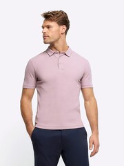 River Island Pink Muscle Fit Texture Ribbed Polo Shirt - Image 3 of 6