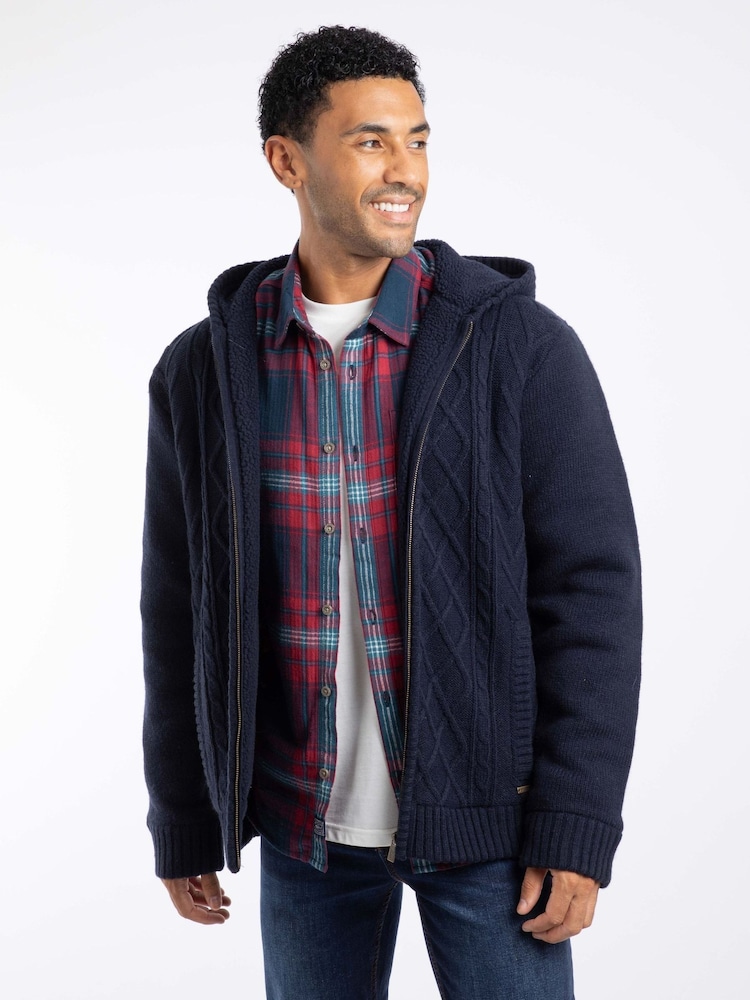 Weird Fish Blue Brodhi Borg Lined Cable Full Zip Knit Hoodie - Image 1 of 7 Weird Fish Blue Brodhi Borg Lined Cable Full Zip Knit Hoodie - Image 1 of 7