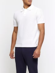 River Island White Textured Knitted Slim Fit Polo Shirt - Image 1 of 6