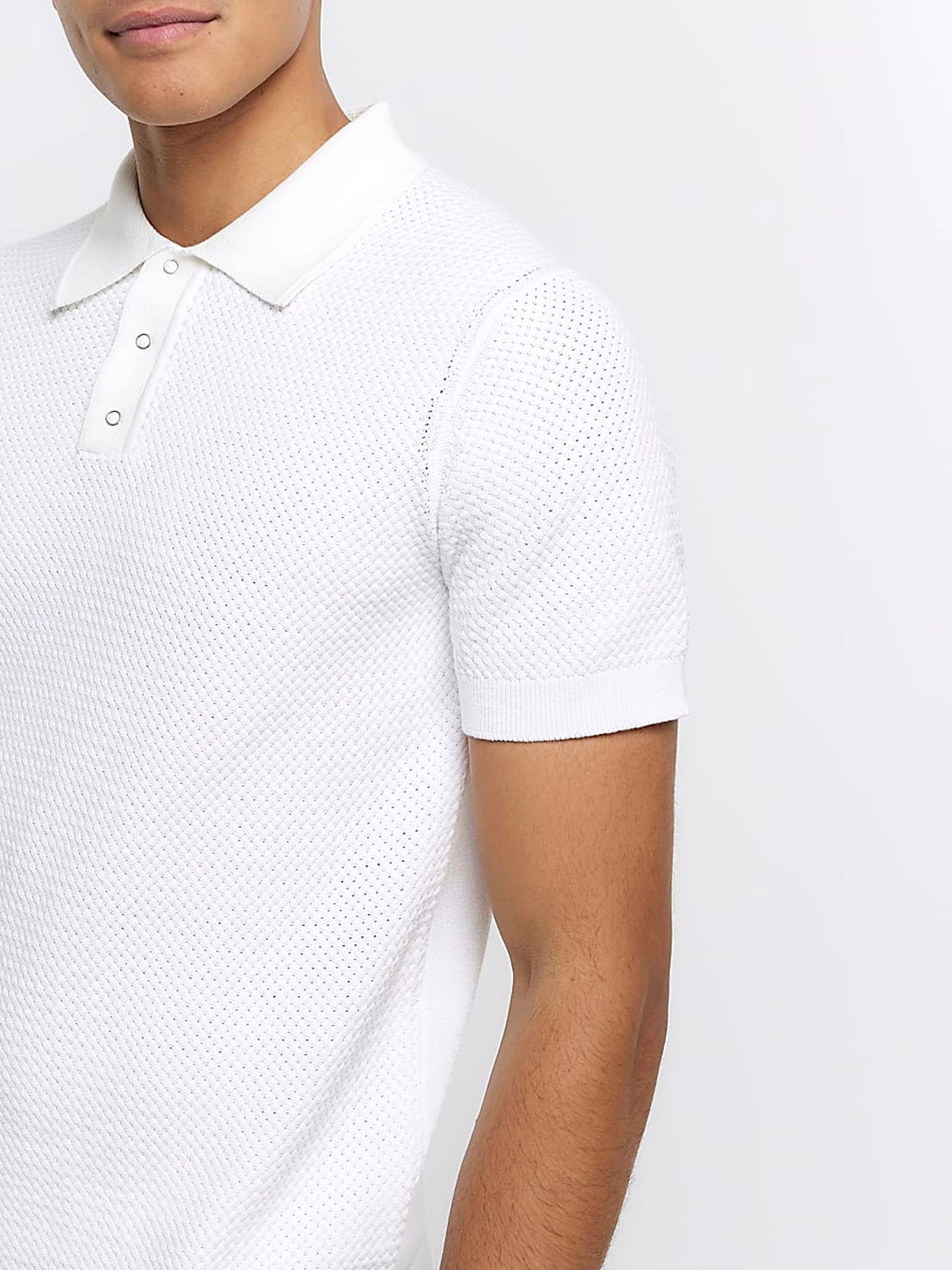 Buy River Island White Textured Knitted Slim Fit Polo Shirt from