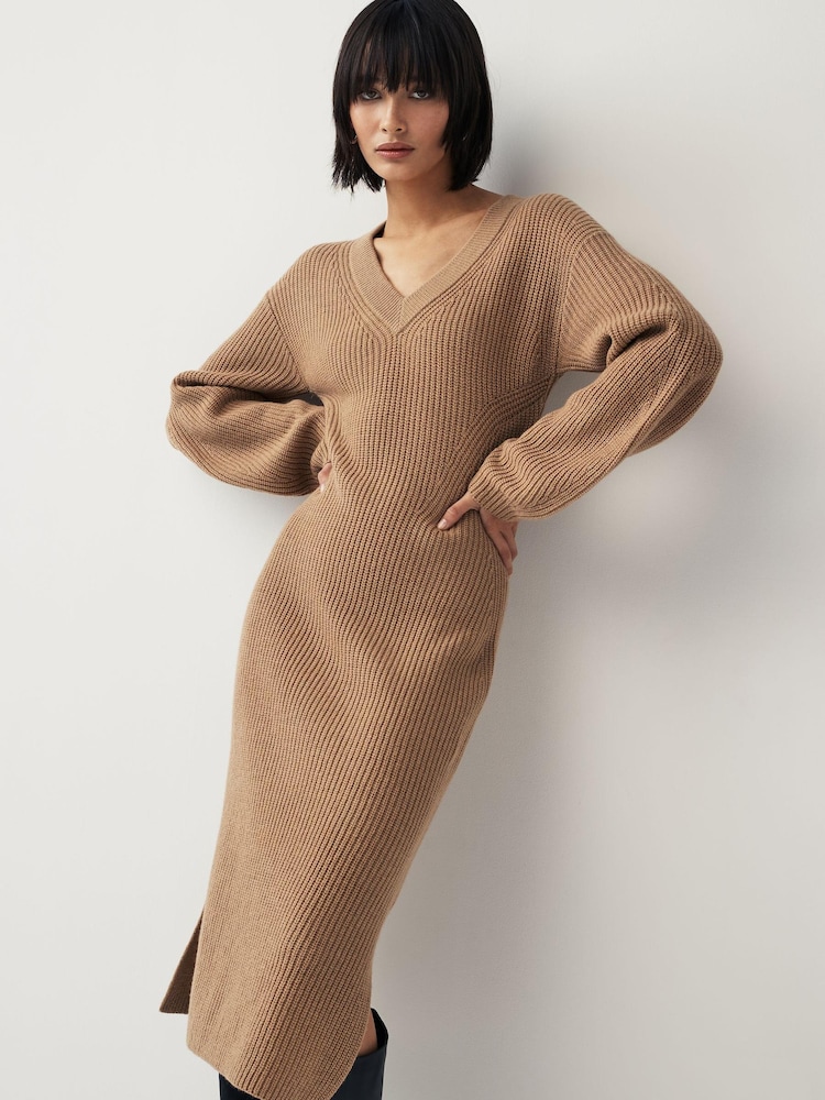 GANT Natural Wool Rib V-Neck Jumper Dress - Image 1 of 9