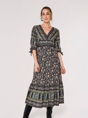 Apricot Navy Blue Multi Chintz Sarasa Border V Neck Maxi Dress - Image 1 of 4