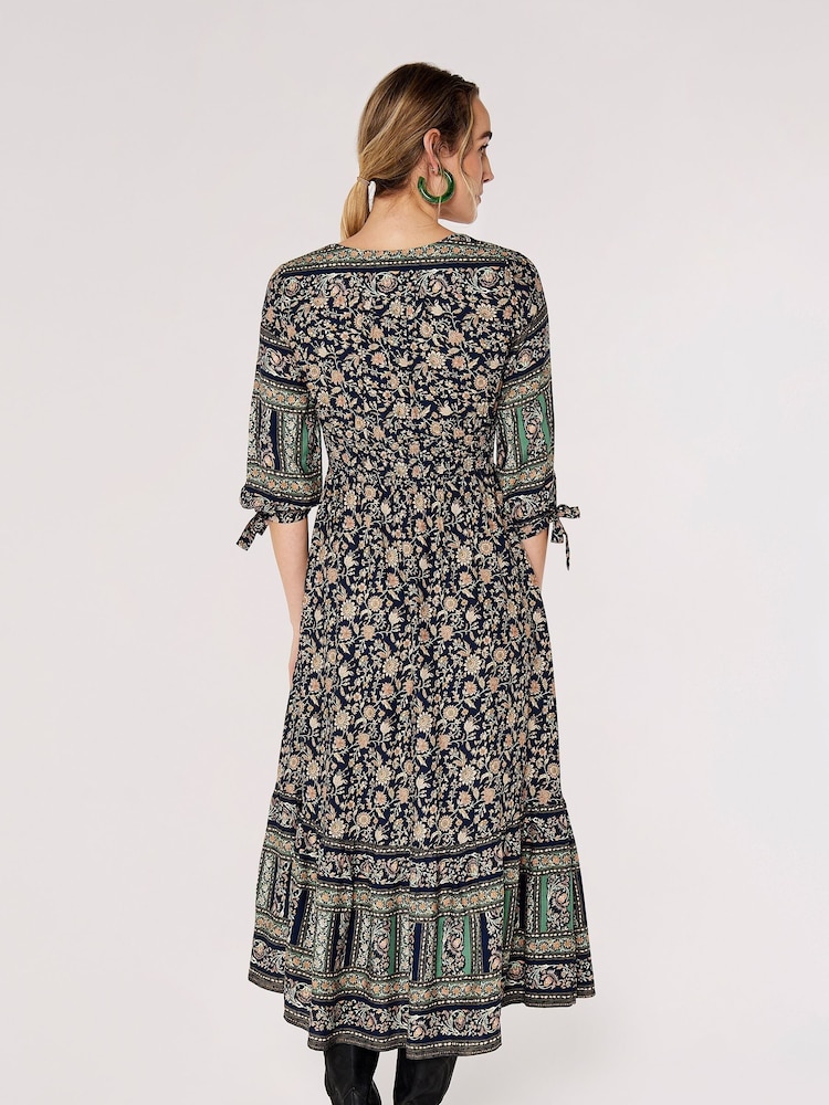 Apricot Navy Blue Multi Chintz Sarasa Border V Neck Maxi Dress - Image 2 of 4
