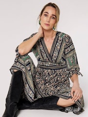Apricot Navy Blue Multi Chintz Sarasa Border V Neck Maxi Dress - Image 3 of 4