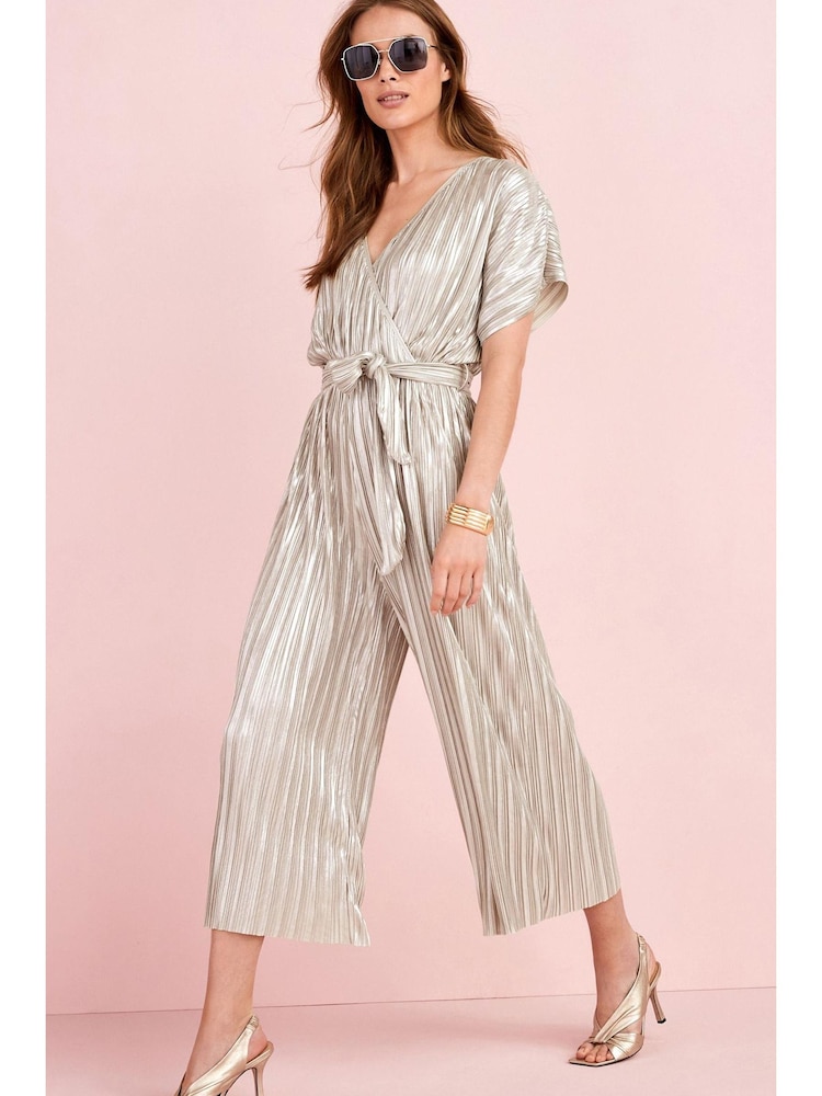 Metallic Silver Plissé Jumpsuit - Image 1 of 2