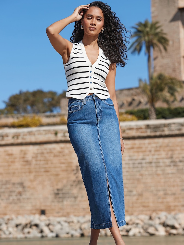 Sosandar Blue Chrome Long Line Skirt With Split - Image 1 of 5