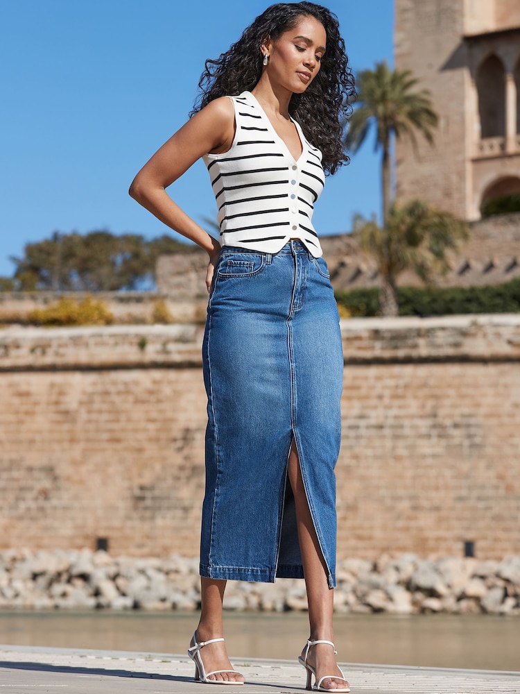Sosandar Blue Chrome Long Line Skirt With Split - Image 2 of 5