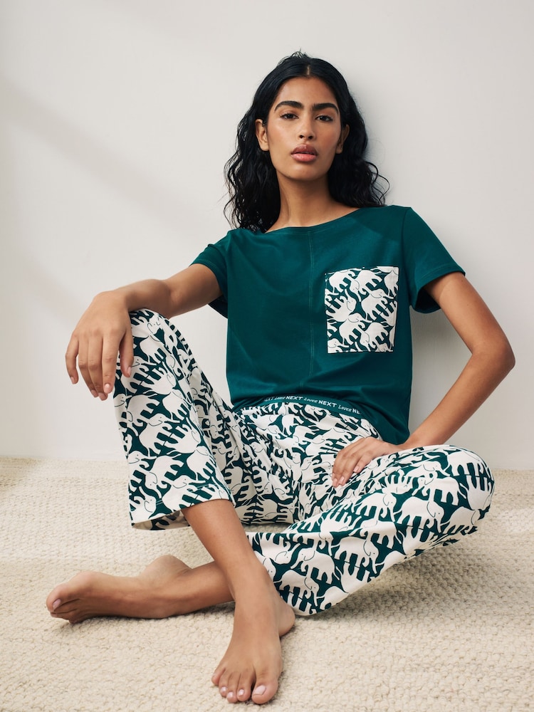 Teal Elephant Cotton Short Sleeve Pyjamas - Image 1 of 8 Teal Elephant Cotton Short Sleeve Pyjamas - Image 1 of 8