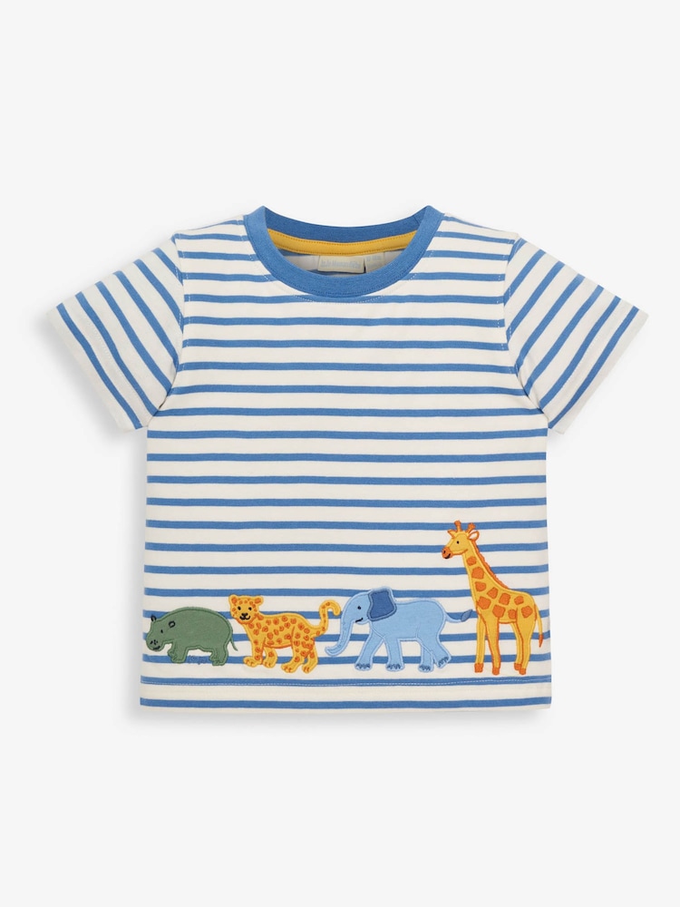 JoJo Maman Bébé Ecru Kids' Stripe Safari Animal Appliqué T-Shirt - Image 1 of 5
