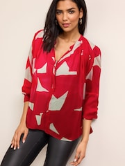 Red/Ecru Cream Geo Cuffed Long Sleeve Sheer V-Neck Zip Detail Blouse - Image 1 of 6