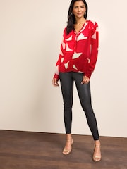 Red/Ecru Cream Geo Cuffed Long Sleeve Sheer V-Neck Zip Detail Blouse - Image 2 of 6