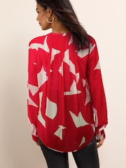 Red/Ecru Cream Geo Cuffed Long Sleeve Sheer V-Neck Zip Detail Blouse - Image 3 of 6