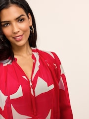 Red/Ecru Cream Geo Cuffed Long Sleeve Sheer V-Neck Zip Detail Blouse - Image 4 of 6