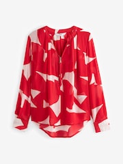 Red/Ecru Cream Geo Cuffed Long Sleeve Sheer V-Neck Zip Detail Blouse - Image 5 of 6