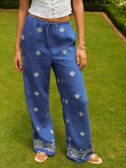 Cobalt Blue Embroidered Wide Leg Trousers With Linen - Image 3 of 7