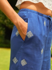 Cobalt Blue Embroidered Wide Leg Trousers With Linen - Image 5 of 7