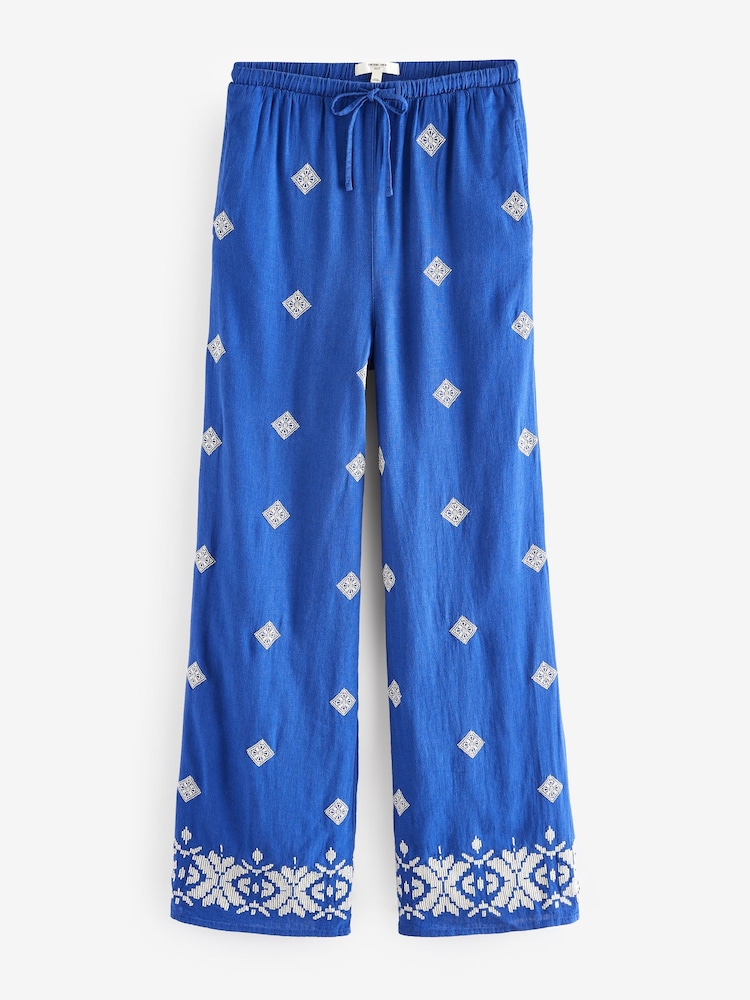 Cobalt Blue Embroidered Wide Leg Trousers With Linen - Image 6 of 7