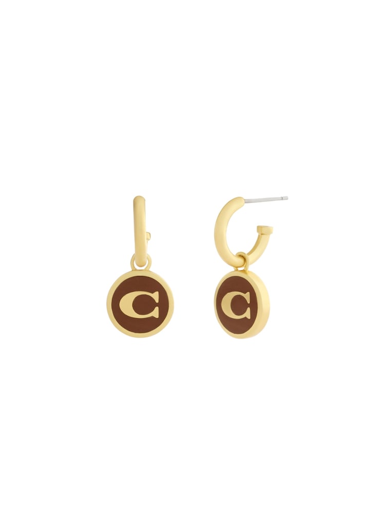 COACH Brown Signature C Enamel Coin Charm Huggie Earrings - Image 1 of 3