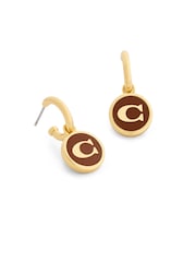 COACH Brown Signature C Enamel Coin Charm Huggie Earrings - Image 3 of 3