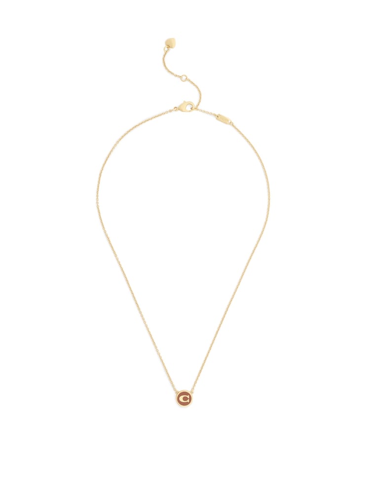 COACH Brown Signature C Enamel Coin Pendant Necklace - Image 1 of 3 COACH Brown Signature C Enamel Coin Pendant Necklace - Image 1 of 3