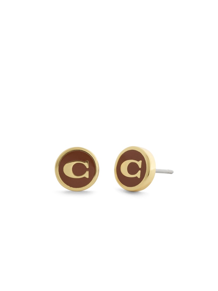 COACH Brown Signature C Enamel Coin Stud Earrings - Image 1 of 3 COACH Brown Signature C Enamel Coin Stud Earrings - Image 1 of 3