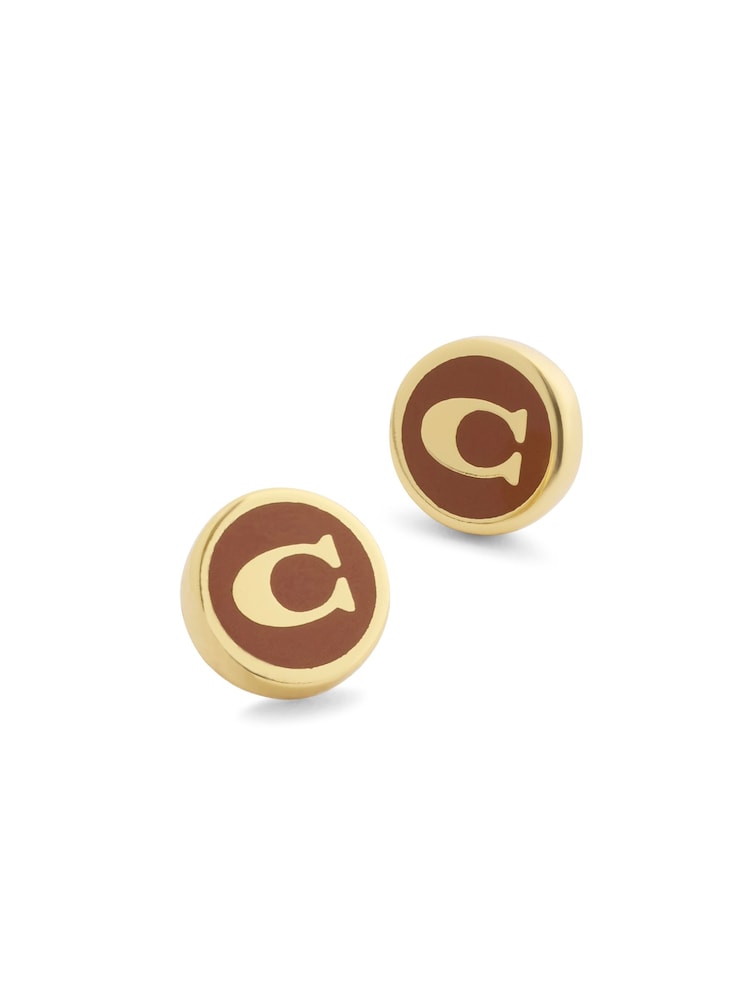 COACH Brown Signature C Enamel Coin Stud Earrings - Image 2 of 3 COACH Brown Signature C Enamel Coin Stud Earrings - Image 2 of 3
