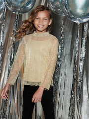 Gold High Neck Sparkle Mesh Top (3-16yrs) - Image 1 of 7
