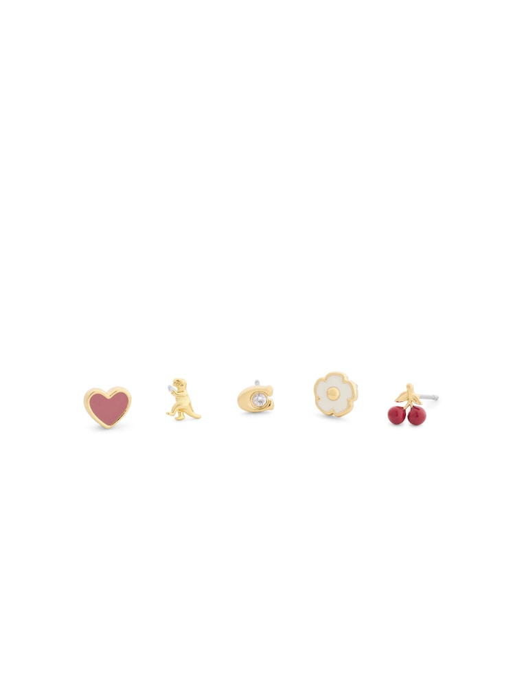 COACH Gold Signature Enamel Heart Motif 5-Piece Single Stud Earring Boxed Set - Image 1 of 4 COACH Gold Signature Enamel Heart Motif 5-Piece Single Stud Earring Boxed Set - Image 1 of 4