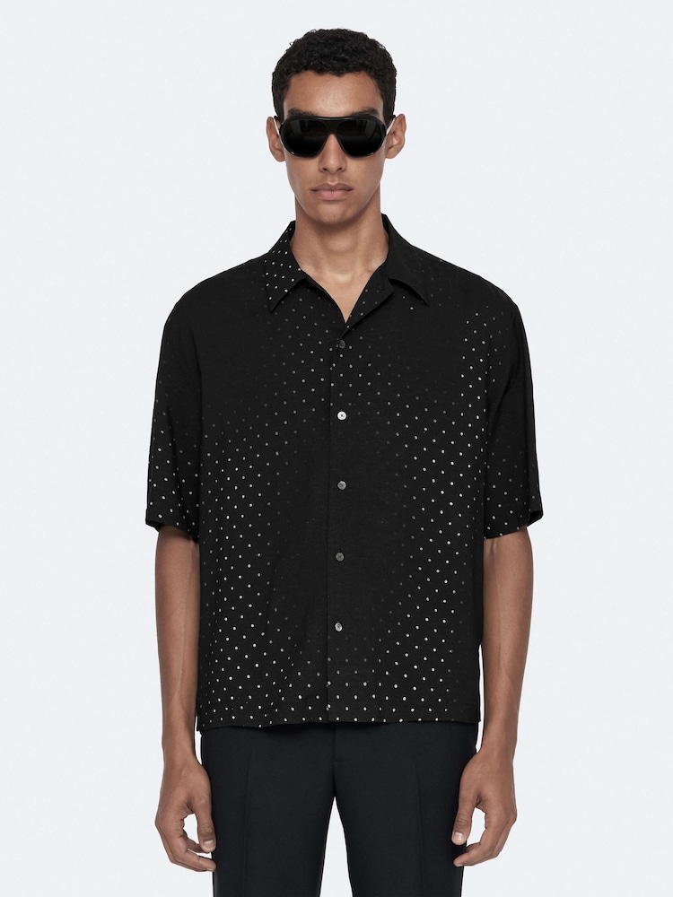AllSaints Black Fade Polka Short Sleeve Shirt - Image 1 of 8 AllSaints Black Fade Polka Short Sleeve Shirt - Image 1 of 8