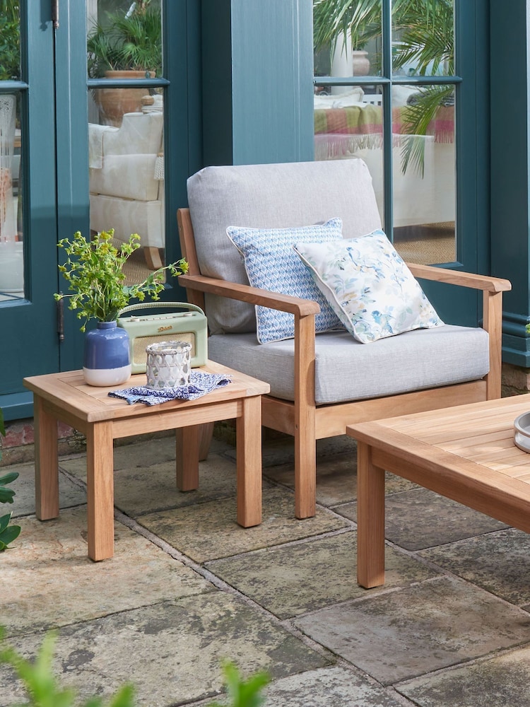 Laura Ashley Natural Garden Salcey Teak Lounging Set With Saunton Dove Grey Cushions - Image 2 of 4