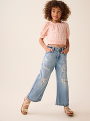 rožnata - Bubble Teksturirani Bardot Crop Top (3-16let) - Slika 1 iz 6